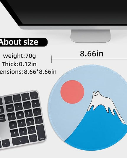 Snow Cat Round Mouse Pad 8.6 x 8.6 Inch, Cute Funny Mousepad for Laptop Gaming, Stitched Edge Non-Slip Rubber Base, Home Office Decor Desk Accessories