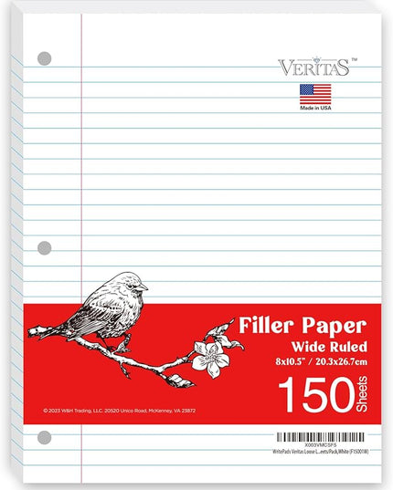 WritePads Loose Leaf Notebook Paper, 8"x10-1/2" Wide Ruled Lined Paper, Bulk Filler Paper, 3 Hole Punched For 3 Ring Binder, 150 Sheets/Pack, 24PK Per Carton, 3600 Sheets, Made In USA