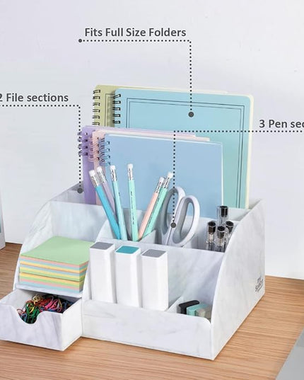 My Space Organizers Marble Desk Organizer For Office Supplies And Accessories - 9 Sections - Pencil Pen Holder Storage - Desktop Organization Decor Essentials (White Grey Marble)