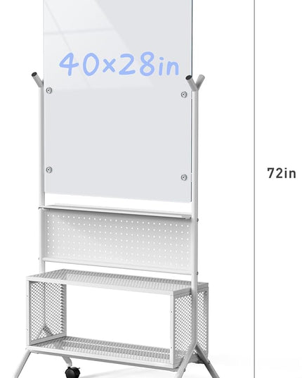40 x 28 inch Mobile Magnetic Glass Whiteboard, Double-Sided Board with Felt Back and Storage for Office & Classroom, Black