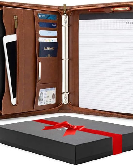 Forevermore Portfolios Portfolio Organizer - 3 Ring Binder with Notepad - 1.5 Inch Rings - Zippered Storage Pockets for Papers, Travel Documents, Presentation Folder, Cards, Passport, Tickets - Brown
