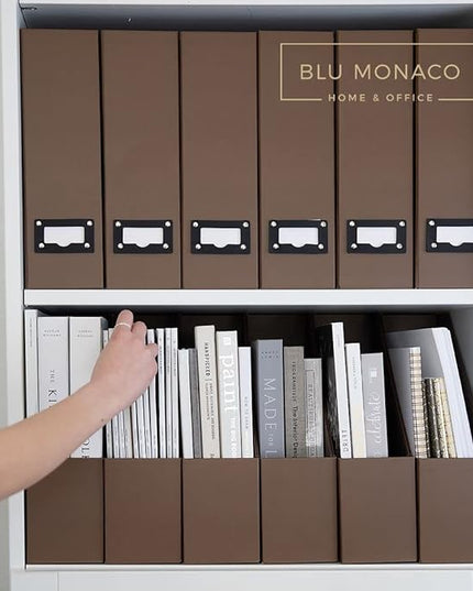 BLU MONACO Set of 6 Foldable Brown Magazine File Holders with Brown Leather Label Holders – Elegant Magazine Storage Containers & Desk Organizer for Office