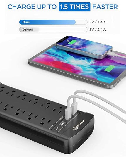Surge Protector Power Strip - 12 Outlets,3 USB+USB-C 3.4A Ports, 6Ft Extension Cord, 1875W/15A, 4360Joules, Overload Protection - Ideal for Home & Office Use (Black-USBC)