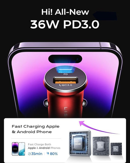 LISEN 2-Pack USB C Car Charger Adapter Fast Charge, 48W All Metal Cigarette Lighter USB Charger for iPhone 15 Smallest Flush Car Charger USB C for iPhone 14 Pro Max 13 12 Galaxy S23/22 iPad Pro-Red