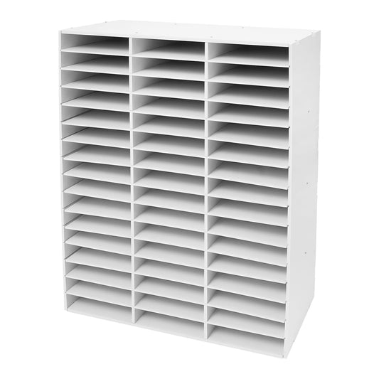 Dorfury 48 Slot Mail Sorter Organizer, Wood Literature Organizer Student Mailbox for Classroom, Desktop File Paper Storage Rack for Office Home School - 31.5" L×12”W×37.8“H (White, 48-Compartment)