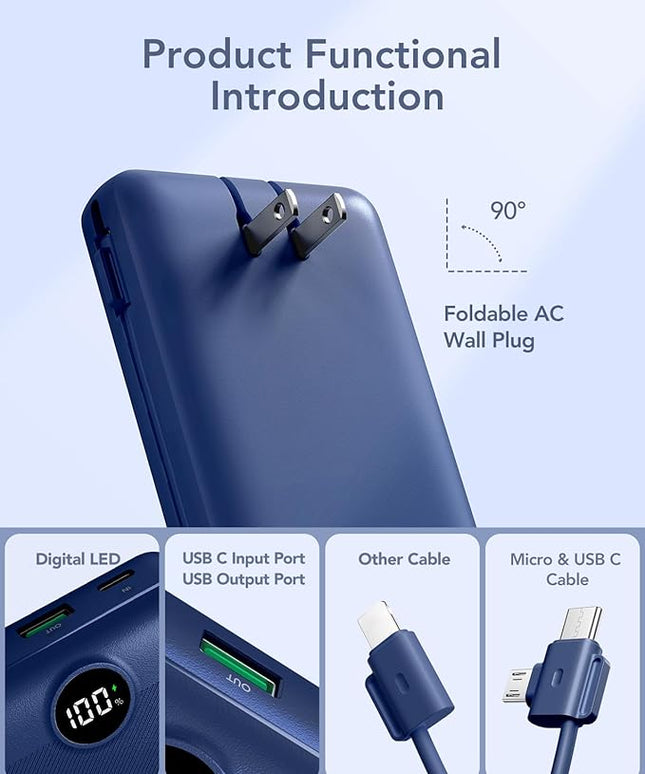 VRURC Portable Charger 20000mAh, Fast Charging Power Bank USB C,4 Output 2 Input Travel Essentials Charging Bank Equipped with LED Display,Built-in Wall Plug and Cables,Phone Charger Battery,Navy