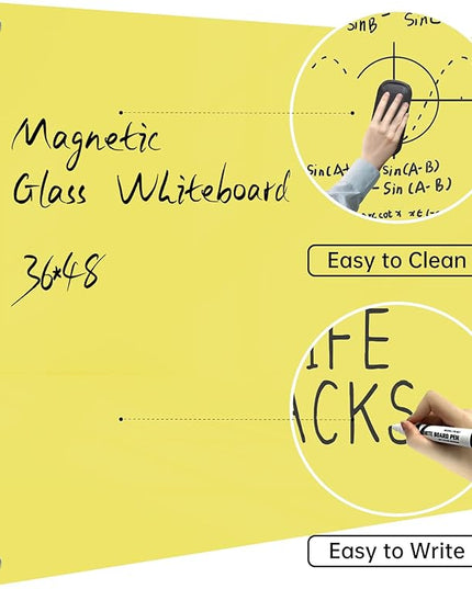 Magnetic Glass Dry Erase Board - White Board 48 x 36 Inch Wall Mounted Glass Whiteboard, Large Frameless Glass White Board for Wall Office, Home & School, Yellow