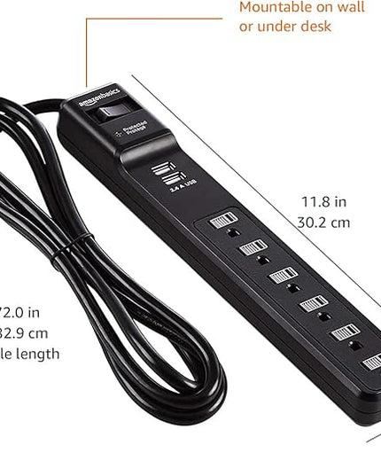 Amazon Basics Surge Protector Power Strip with 6 Outlets,2 USB Ports,1000 Joule,6-Foot Cord Length,Black,(Pack of 6)