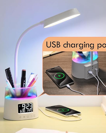 WILIT LED Desk Lamps for Home Office with Pen Holder, Table Lamp for Bedroom with USB Charging Port & Clock, RGB Night Light, Study Lamp for Kids Student, Desk Lamp for College Dorm Room Essentials