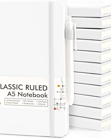 feela 12 Pack Notebooks Journals Bulk, Hardcover Notebook Classic Ruled Lined Journals with Pen Holder for Women Girls School Business Supplies, with 12 Black Pens, 120 GSM, 5.1”x8.3”, A5, White