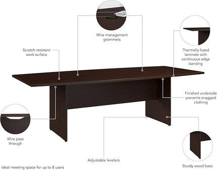 Bush Business Furniture 96-inch Office Conference Table with Wood Base, Boardroom Meeting Space for 8 Users, Mocha Cherry