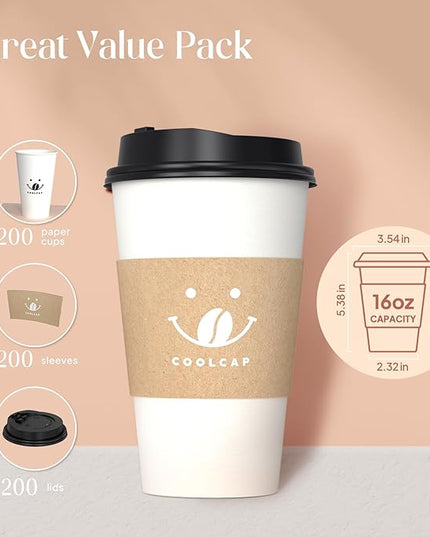 Coolcap Coffee Cups with Lids and Sleeves, 16 Ounce 200 pack To Go Coffee Cups with Lids, Paper Hot Cups for Hot & Cold Beverage (White, 16 Ounce)