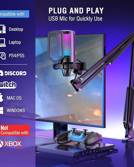 FIFINE Gaming PC USB Microphone, Podcast Condenser Mic with Boom Arm, Pop Filter, Mute Button for Streaming, Twitch, Online Chat, RGB Computer Mic for PS4/5 PC Gamer Youtuber-AmpliGame A6T