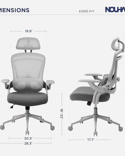 Nouhaus Ergo Fit Ergonomic Mesh Office Chair High Back Adjustable Lumbar Support Headrest and Adjustable Flip-up Armrests, Comfy Desk Chairs Swivel Computer Gaming Chair Tilt Function(N20, Grey)