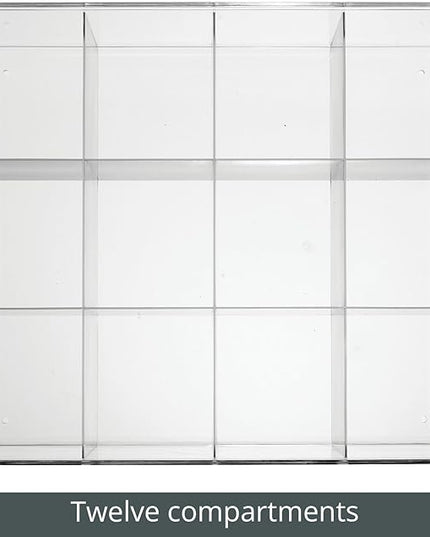 mDesign Plastic 12 Compartment Divided Drawer and Closet Storage Bin - Organizer for Scarves, Socks, Ties Bras, and Underwear - Dress Drawer Organizer, Shelf Organization - Clear