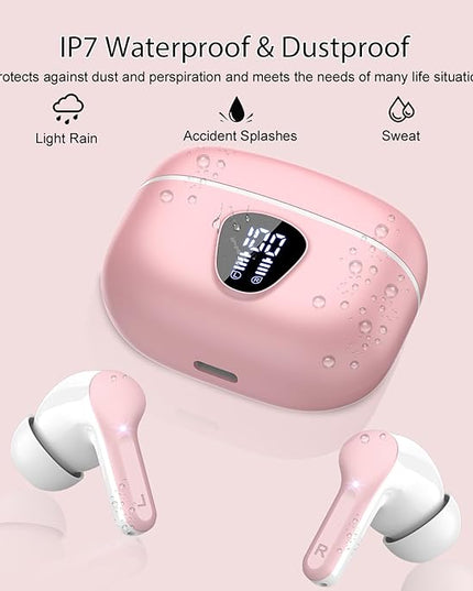 Wireless Earbuds, Bluetooth 5.4 Headphones HiFi Stereo, Bluetooth Earbuds with ENC Noise Cancelling Mic, IP7 Waterproof in Ear Earphones, 48H, LED Display Ear buds for Pad Phone Workout Sports, Pink