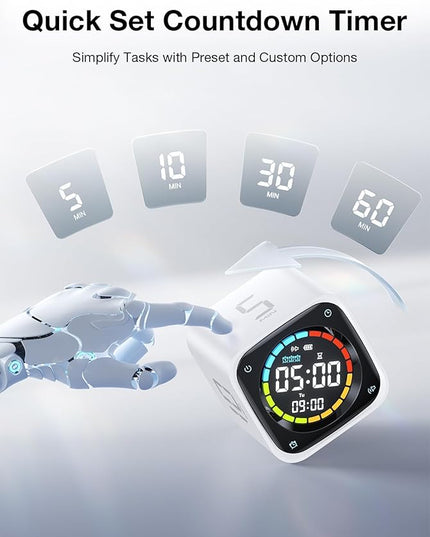 TK3 Pomodoro Timer Cube, Desk Productivity Timer with 5/10/30/60 Min Presets, Custom Countdown, Stopwatch, Clock, 3 Alarm, Silent, Vibrate & Sound Alert, for Task, ADHD, Study, Kitchen, White