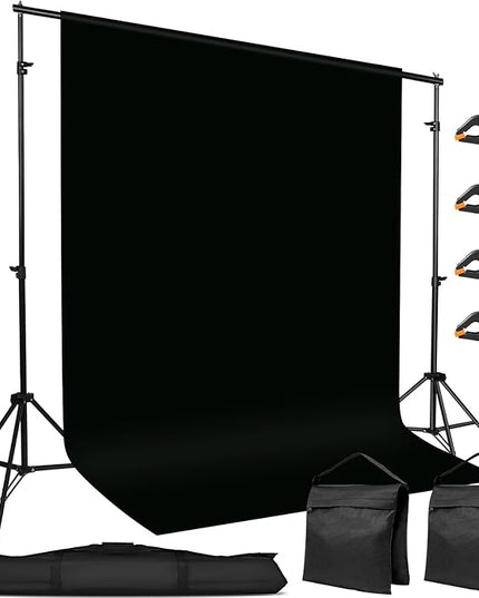 10x7ft Adjustable Photography Backdrop Stand Kit – Photo Studio Background Support with 4 Crossbars, 4 Clamps, 2 Sandbags (with 10 * 7 Feet Black Backdrop Curtain)