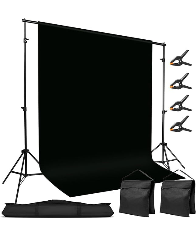 10x7ft Adjustable Photography Backdrop Stand Kit – Photo Studio Background Support with 4 Crossbars, 4 Clamps, 2 Sandbags (with 10 * 7 Feet Black Backdrop Curtain)