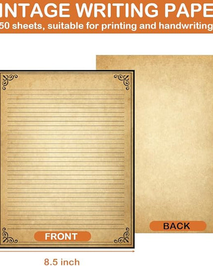 Vintage Lined Paper with Antique Border Design, 50 Sheets, Stationary Paper for Writing Letters, 100gsm, 11 x 8.5'', Aged Stationery for Writing Letters, Invitations, Stationery Writing Papers