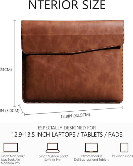 Leather Laptop Sleeve 13 Inch Compatible with MacBook Air M4 M3 M2 M1 2025-2018＆MacBook Pro M2 M1 2025-2016,Wear-Resistant and Scratch-Resistant Protective Case Cover,Brown