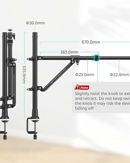 SMALLRIG Triangle Camera Desk Mount, Max. Load 3kg/ 6.6lbs, Overhead Mount with Auxiliary Support Rod, with Phone Holder and Small Ball Head for Camera/Phone/Light/Webcam