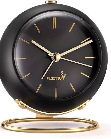 FLOITTUY Silent Table Analog Alarm Clock No Ticking, Lighted on Demand and Battery Operated, Beep Sounds, Small Desk Clock(Shiny Black)