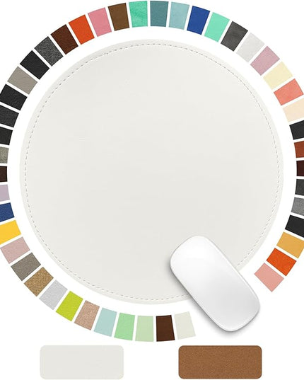 Mouse Pad，Round Mouse Pad，PU Mouse Pad，Leather Mouse Pad with Stitched Edge Micro-Fiber Base with Non-Slip Waterproof，Mouse Pad for Computers，Laptop，9 x 9 Inch (Lily White)