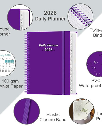 Daily Planner 2026 Full Page Per Day- 2026 Daily & Monthly Planner from January 2026 to December 2026, Day Planner 2026 with 12 Months Tabs, 8.5" x 11", Purple