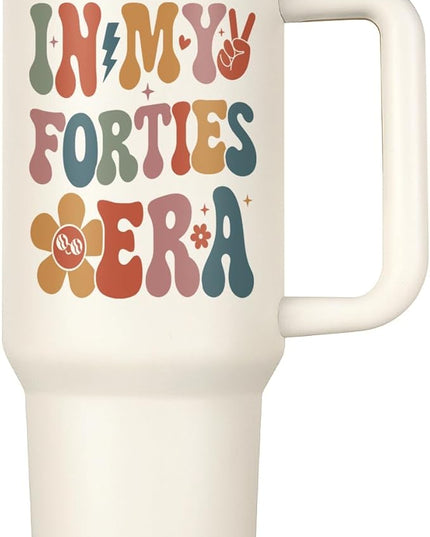 Shqiueos 40th Birthday Gifts for Women 40oz Tumbler with Handle and Straw Lid, 40 Year Old Gifts for Her, Mom, Friend, Sister, Daughter, 40s Birthday Decoration-In My Forties Era Cup Water Bottle