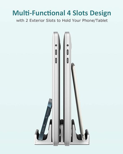 Vertical Laptop Stand - SPACEMax Adjustable GRIPLock Anti-Tip Silicone 4 Slots Aluminum Desktop Holder - Double Dock Stand - 2 Phone Slots Fits Up to 17.3” Laptops, Tablets, Phones - Silver