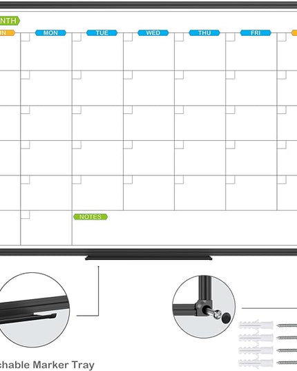 JILoffice Dry Erase Calendar Whiteboard - Magnetic White Board Calendar Monthly 36 X 24 Inch, 2 Pack, Black Aluminium Frame Wall Mounted Board for Office Home and School