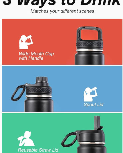 Coolflask Water Bottle 20 oz Insulated with Straw, Stainless Steel Metal 3 Lids Water Flask Wide Mouth for Sports or Office, Non-BPA Keep Cold Up to 48 Hrs or Hot Up to 24 Hrs, Magic Black