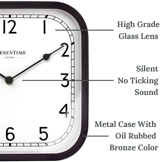 Presentime & Co 10" Anton Vintage Square Clock, Silent No Ticking, Wall & Mantel 2 in 1, Desk and Shelf Clock, Tabletop Décor, Oil Rubbed Bronze Color.