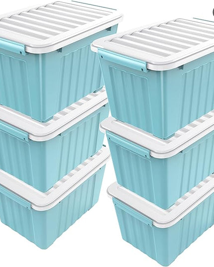 Nazhura 72 Quart Plastic Storage Bin, Stackable and Nestable Storage Boxes with Lids and Secure Latching Buckles, Large Storage Container (Blue, 72Quart-6Pack)
