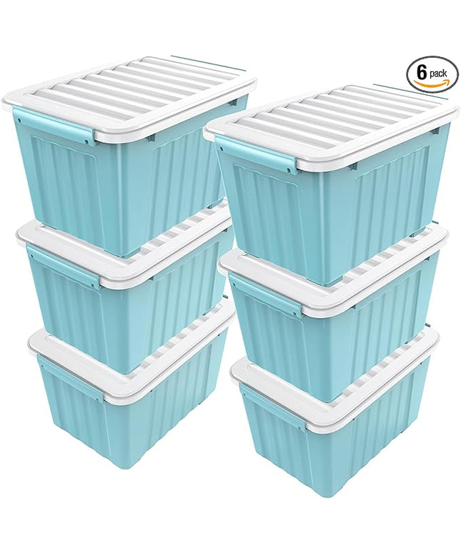 Nazhura 72 Quart Plastic Storage Bin, Stackable and Nestable Storage Boxes with Lids and Secure Latching Buckles, Large Storage Container (Blue, 72Quart-6Pack)