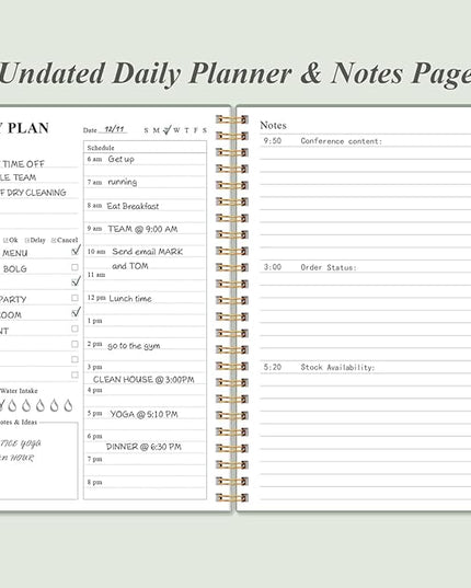 Daily Planner Undated - A5 To Do List Notebook Hourly Schedules, Spiral Appointment Planner for Women and Men, PVC Hardcover, Inner Pocket, Elastic Closure, 5.8" x 8.3", Green