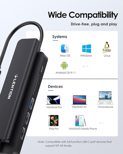 LENTION USB C Hub with 100W Charging, 4K@60Hz HDMI, Dual Card Reader, USB 3.0 & 2.0 Compatible 2025-2016 MacBook Pro, New Mac Air/Surface, Chromebook, More, Stable Driver Adapter (CB-CE18p.Black)
