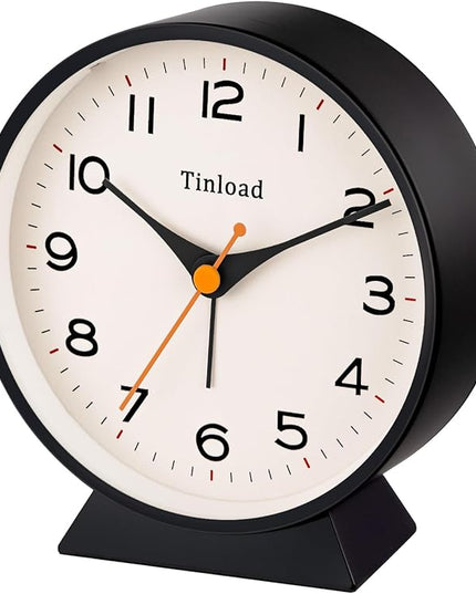 Tinload 4.5" Battery Operated Retro Analog Alarm Clock, Small Silent Bedside Desk Clock,Lighted on Demand, Battery Operated, Snooze, for Living Room, Bedroom, Bedside, Desk(Black)