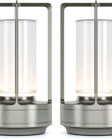 Portable Metal Table Lamp for Indoor/Outdoor ,Rechargeable Cordless LED Lamp, 3-Colour Infinitely Dimming Battery Powered Small Desk Lamp, Restaurant/Bedroom/Bar/Coffee/Camping Light (Sliver Set of 2)