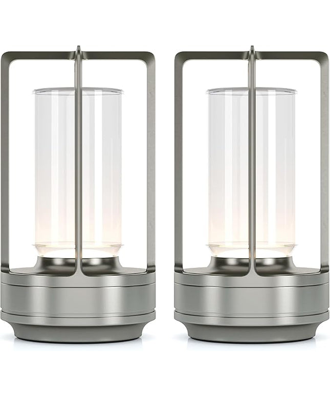 Portable Metal Table Lamp for Indoor/Outdoor ,Rechargeable Cordless LED Lamp, 3-Colour Infinitely Dimming Battery Powered Small Desk Lamp, Restaurant/Bedroom/Bar/Coffee/Camping Light (Sliver Set of 2)