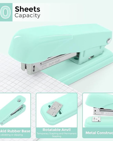 SKYDUE Teal Office Supplies Set, Office Desk Accessories 10Pcs, Pencil Holder for Desk, Stapler, Tape Dispenser, Scissors, Clips and 1000pcs Staples, School Supplies for Teacher