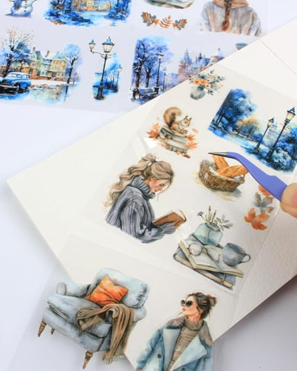 Dwpetzo Winter Pre-Cut Journal Sticker Book for Junk Journaling, Transparent PET White Snow Landscape Stickers for Scrapbook Supplies, Scrapbooking, Collage, Planners, Bujo, 20 Sheets