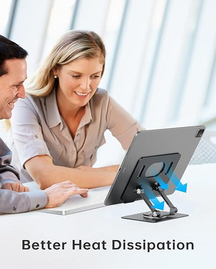 Tablet Stand Holder with 360° Rotating Base Dual Rod Aluminum Adjustable Tablet Stand for Desk Compatible with iPad Samsung Phone Kindle E-Reader and More, Black