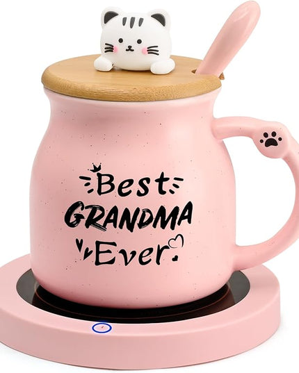 Coffee Mug Warmer, Best Grandma Ever Mug, Cute Cat Mug Set, Coffee Cup Warmer for Desk, Gifts for Grandma, Pink Heated Coffee Warmer for Nana Home Office Christmas Birthday Gifts