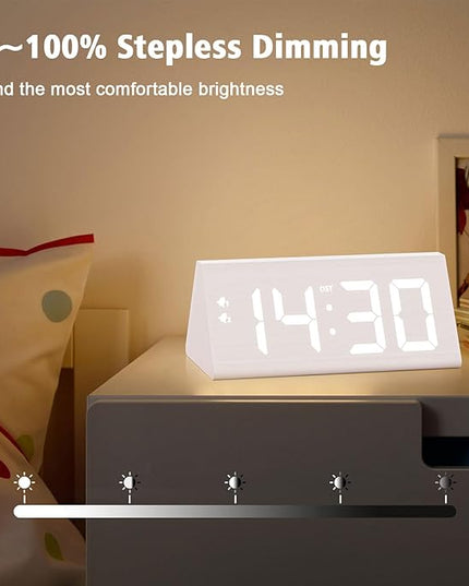 fomobest Wooden Digital Alarm Clock with Dual USB Charging Ports, DST, Dimmable, Snooze, Modern Large Time Display LED Clock for Kids Bedrooms, Living Room, Desk, Table, Bedside, Nightstand (White)