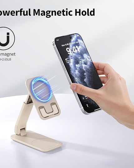 iWALK Magnetic Cell Phone Stand for Desk, Angle and Height Adjustable Mobile Phone Holder, Foldable Magnet Stand for iPhone 17 16 15 14 13 12 Pro Max and iPad, Cell Phone Holder, Light Brown
