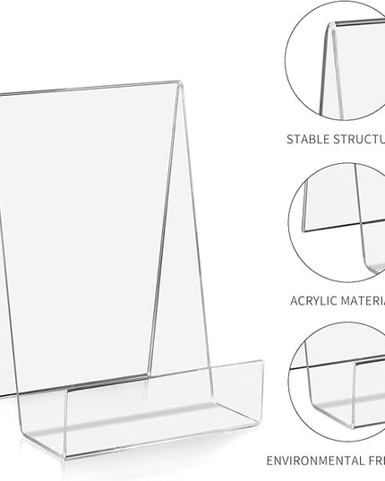 ZOEY Acrylic Book Stand with Ledge Clear Display Easels Plate - 5 Pack Large Book Holder Easel Stand for Display, Music Sheets, Artworks, CD, Tablet Holder