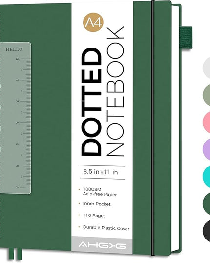 AHGXG Bullet Dotted Journal - Dot Grid Spiral Notebook 8.5" x 11", A4 Large Dotted Notebook, 100 GSM Thick Paper, Waterproof Plastic Cover Journals for Bullet Journaling, Sketching, Green