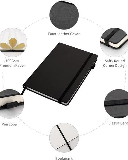 Deziliao 5 Pack Dotted Journal Notebooks with Pen Loop, Hardcover Notebook Journal for Work, 100Gsm Premium Thick Paper with Inner Pocket, Medium 5.7"x8.4", （Black）